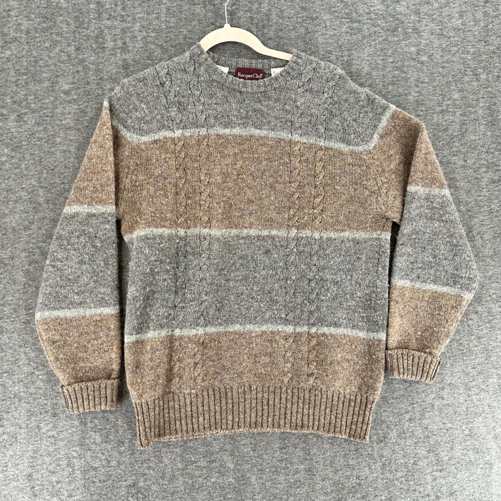 Racquet Club Men 100% Shetland Wool Striped Cable Knit Sweater Made in England L